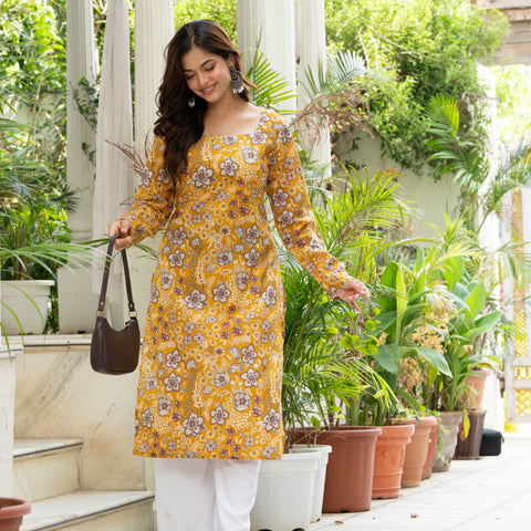 Women Mustard Yellow Printed Cotton Corset Long Kurti