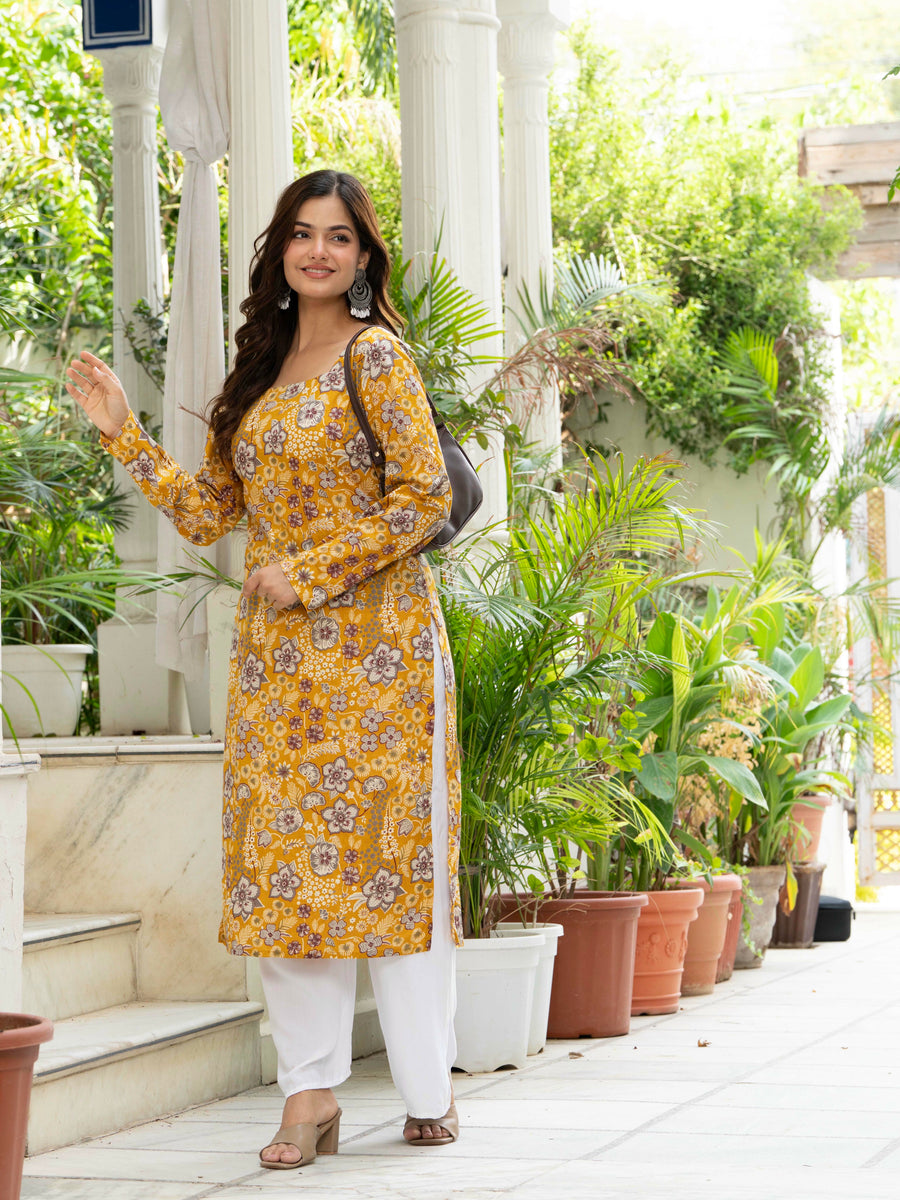 Women Mustard Yellow Printed Cotton Corset Long Kurti