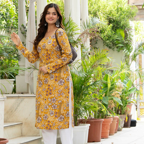 Women Mustard Yellow Printed Cotton Corset Long Kurti