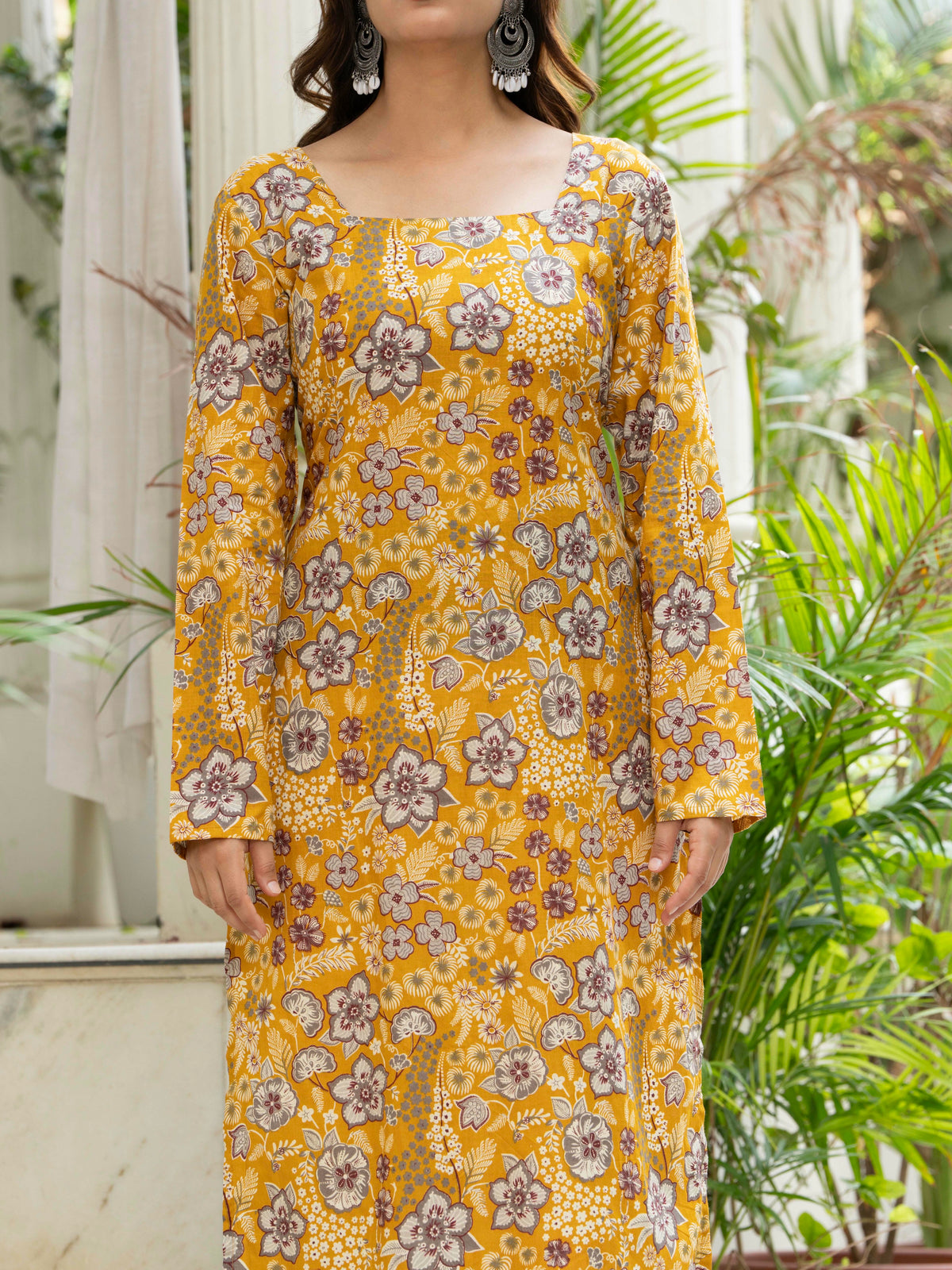 Women Mustard Yellow Printed Cotton Corset Long Kurti