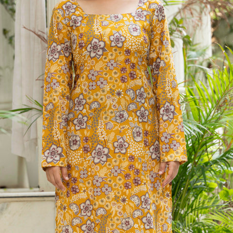 Women Mustard Yellow Printed Cotton Corset Long Kurti