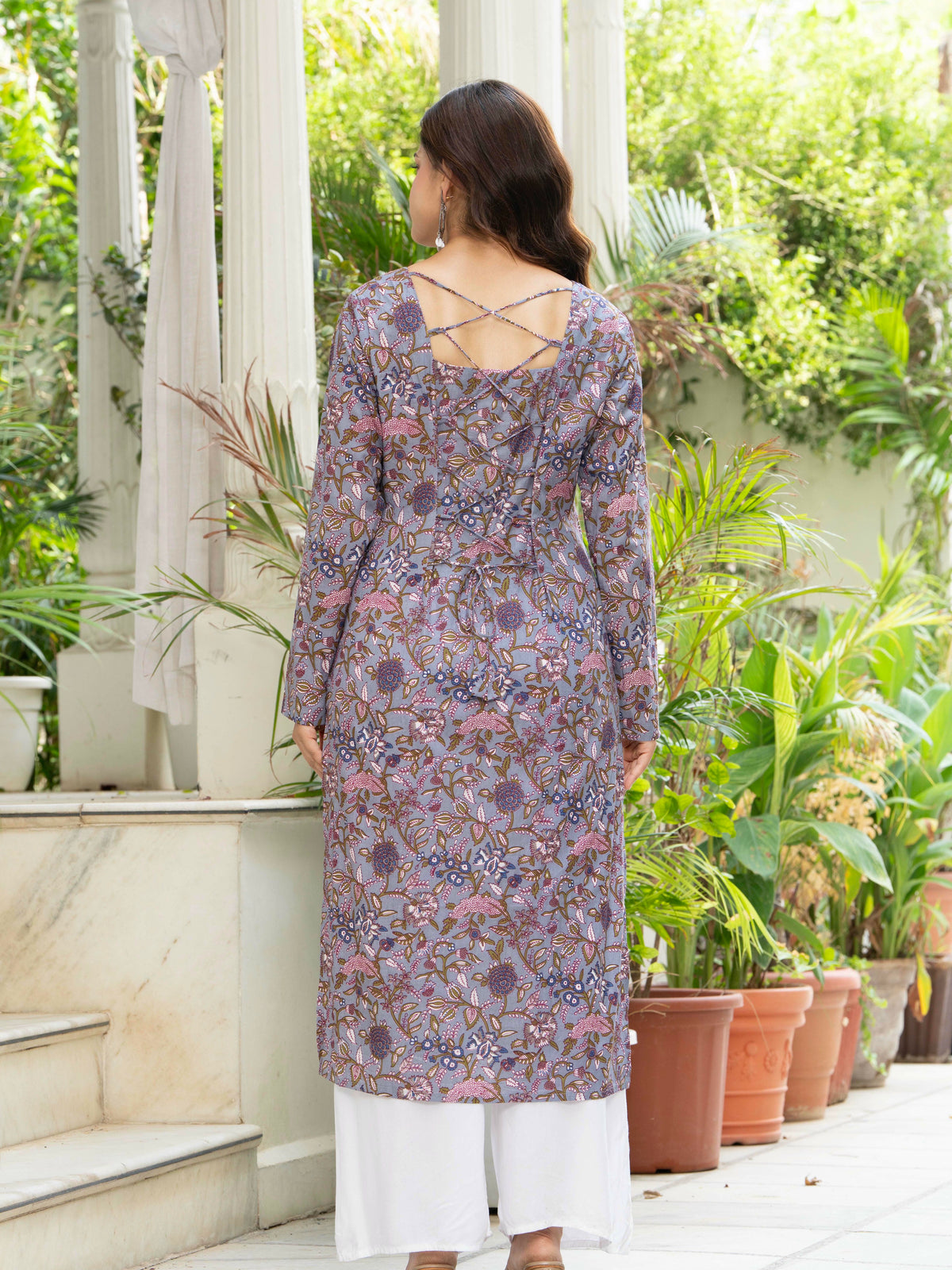 Women Light Purple Printed Cotton Corset Long Kurti