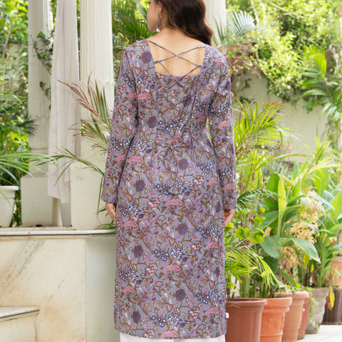 Women Light Purple Printed Cotton Corset Long Kurti