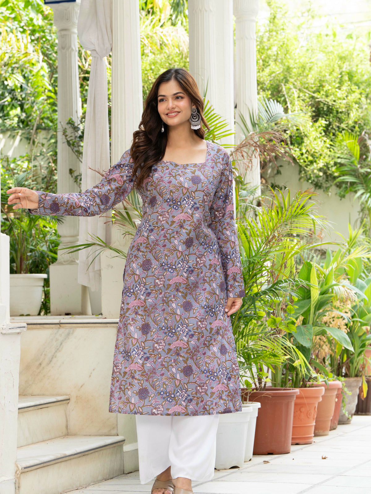 Women Light Purple Printed Cotton Corset Long Kurti