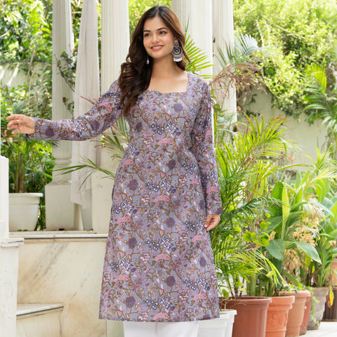 Women Light Purple Printed Cotton Corset Long Kurti