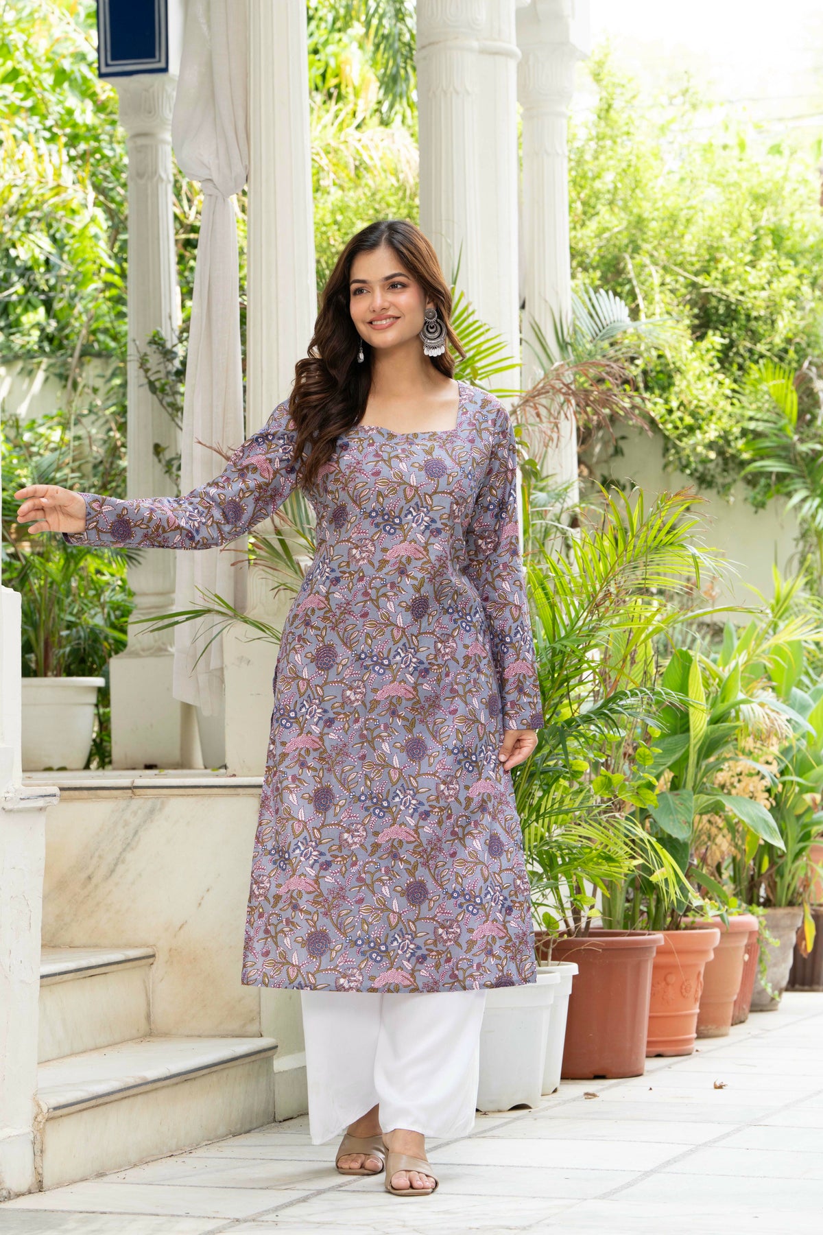 Women Light Purple Printed Cotton Corset Long Kurti