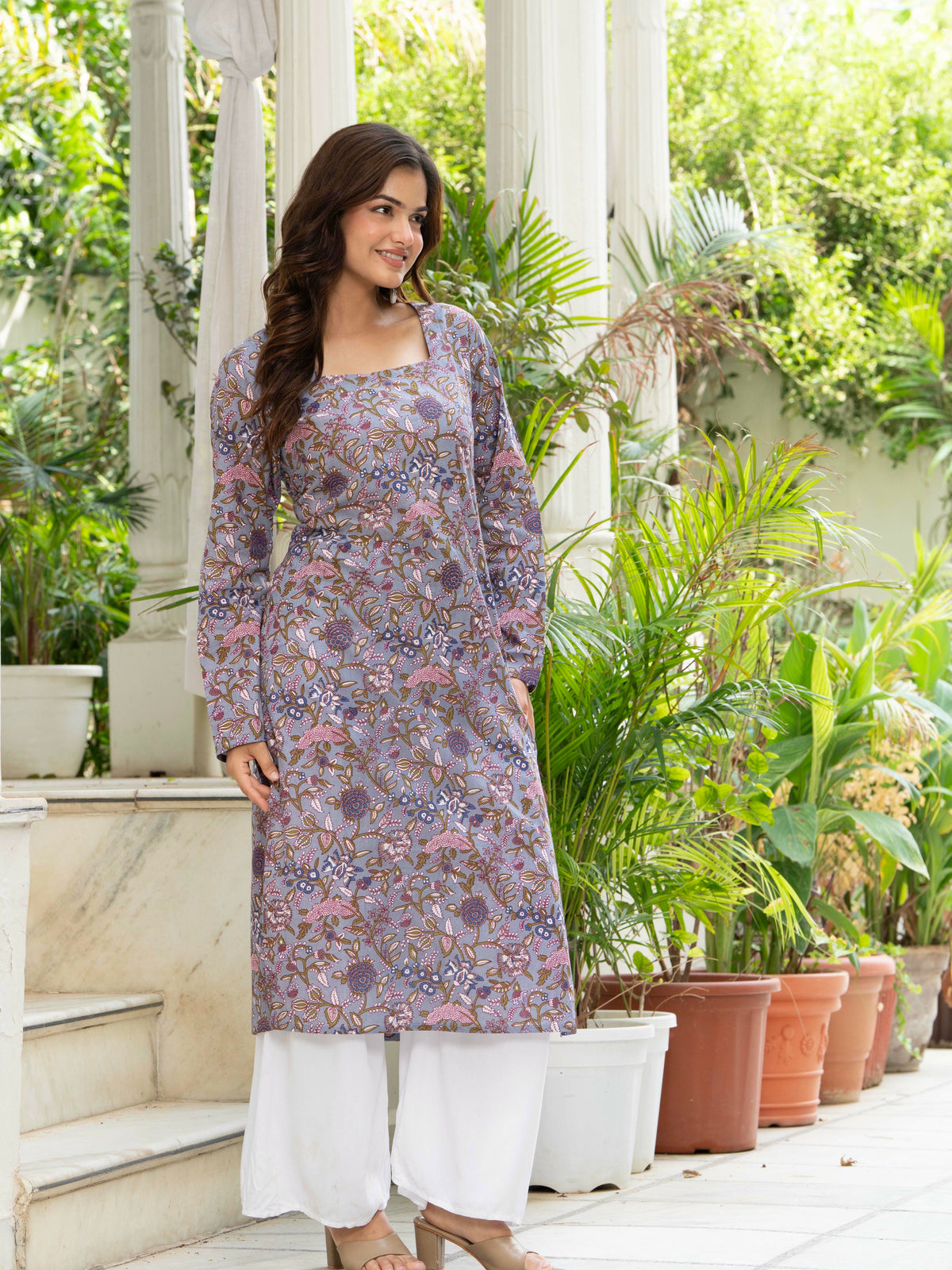 Women Light Purple Printed Cotton Corset Long Kurti