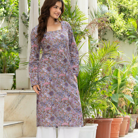 Women Light Purple Printed Cotton Corset Long Kurti