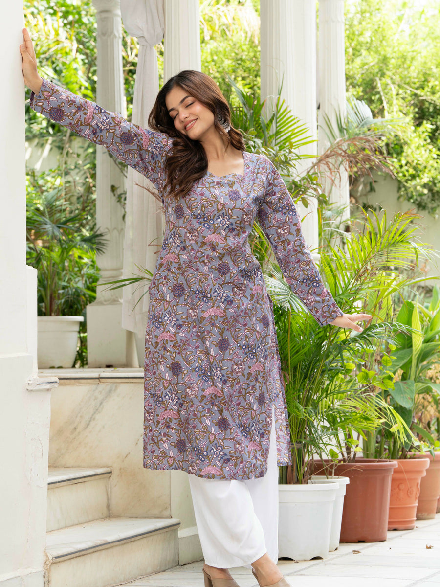 Women Light Purple Printed Cotton Corset Long Kurti