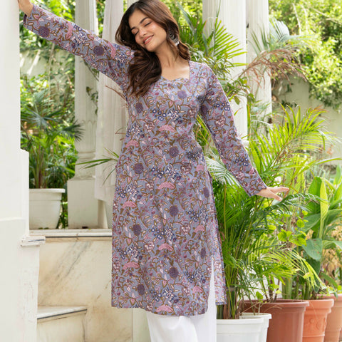 Women Light Purple Printed Cotton Corset Long Kurti