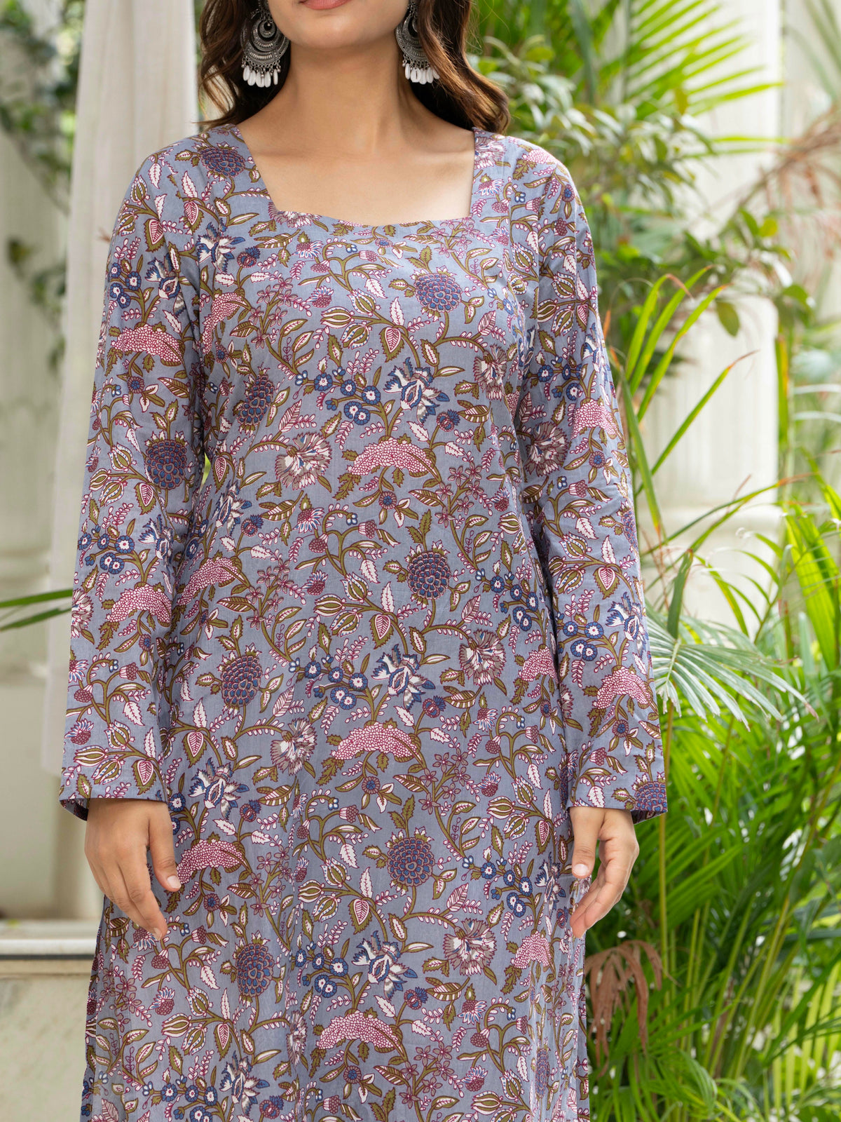 Women Light Purple Printed Cotton Corset Long Kurti
