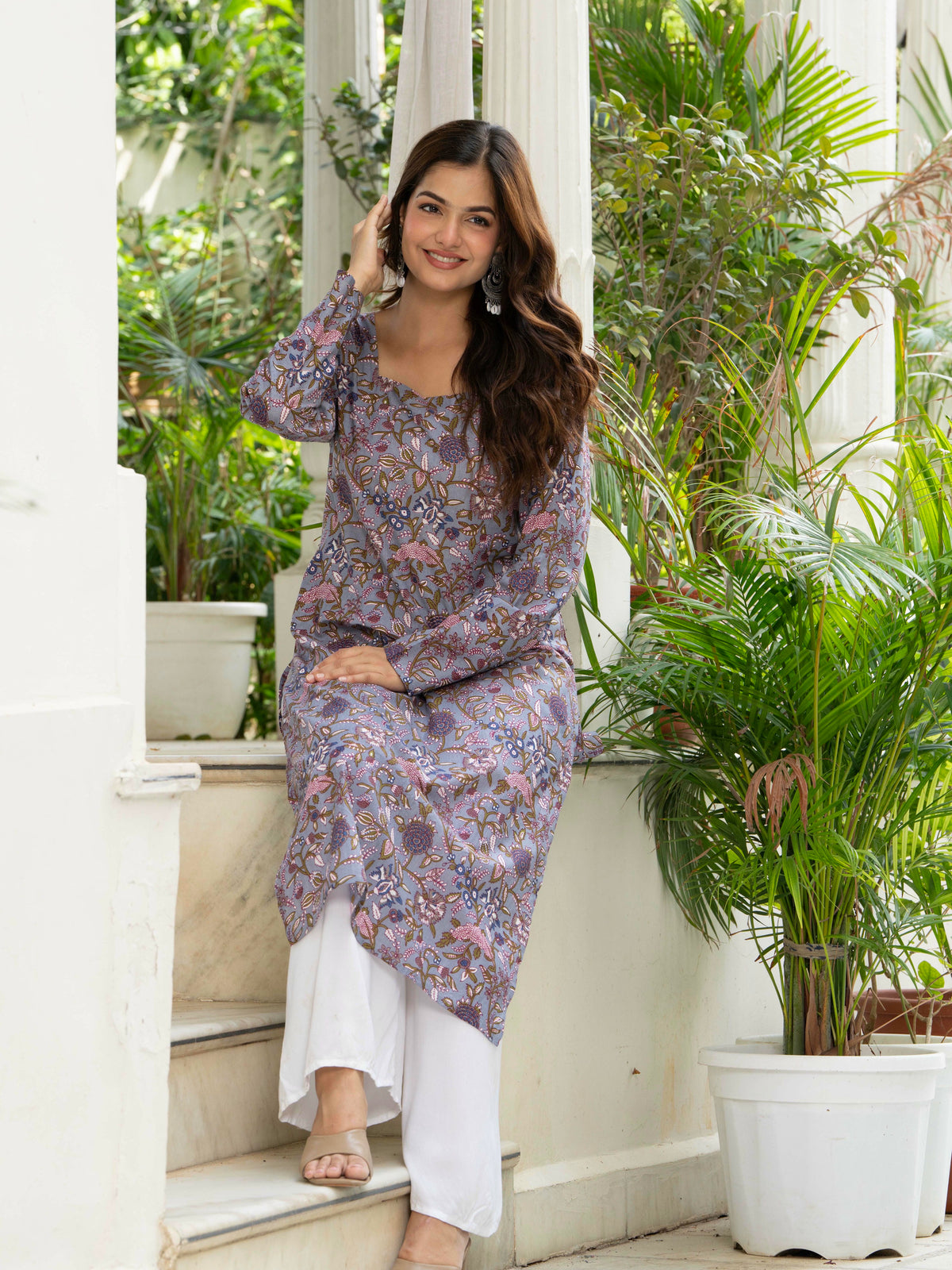 Women Light Purple Printed Cotton Corset Long Kurti