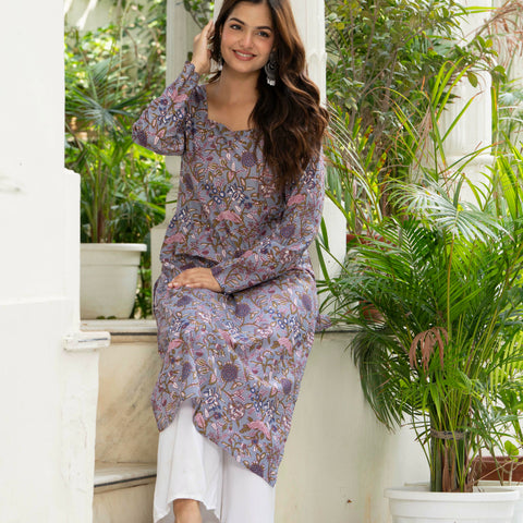 Women Light Purple Printed Cotton Corset Long Kurti
