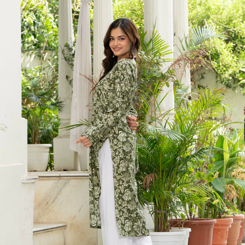 Women Green Floral Printed Cotton Corset Long Kurti