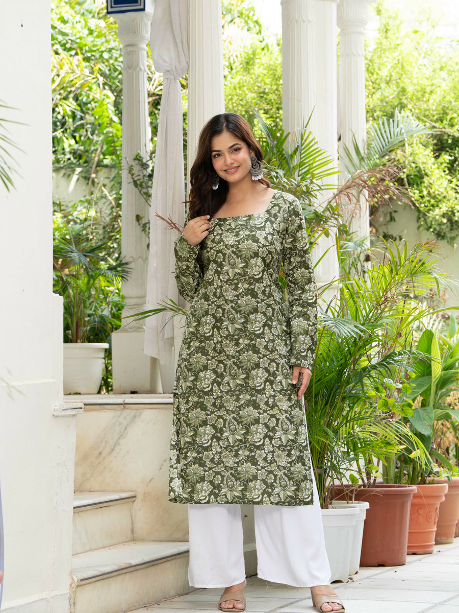 Women Green Floral Printed Cotton Corset Long Kurti