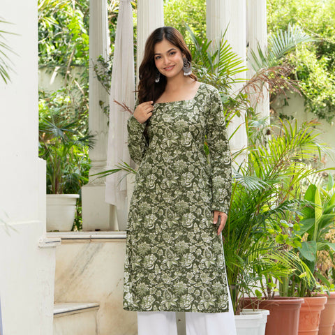Women Green Floral Printed Cotton Corset Long Kurti