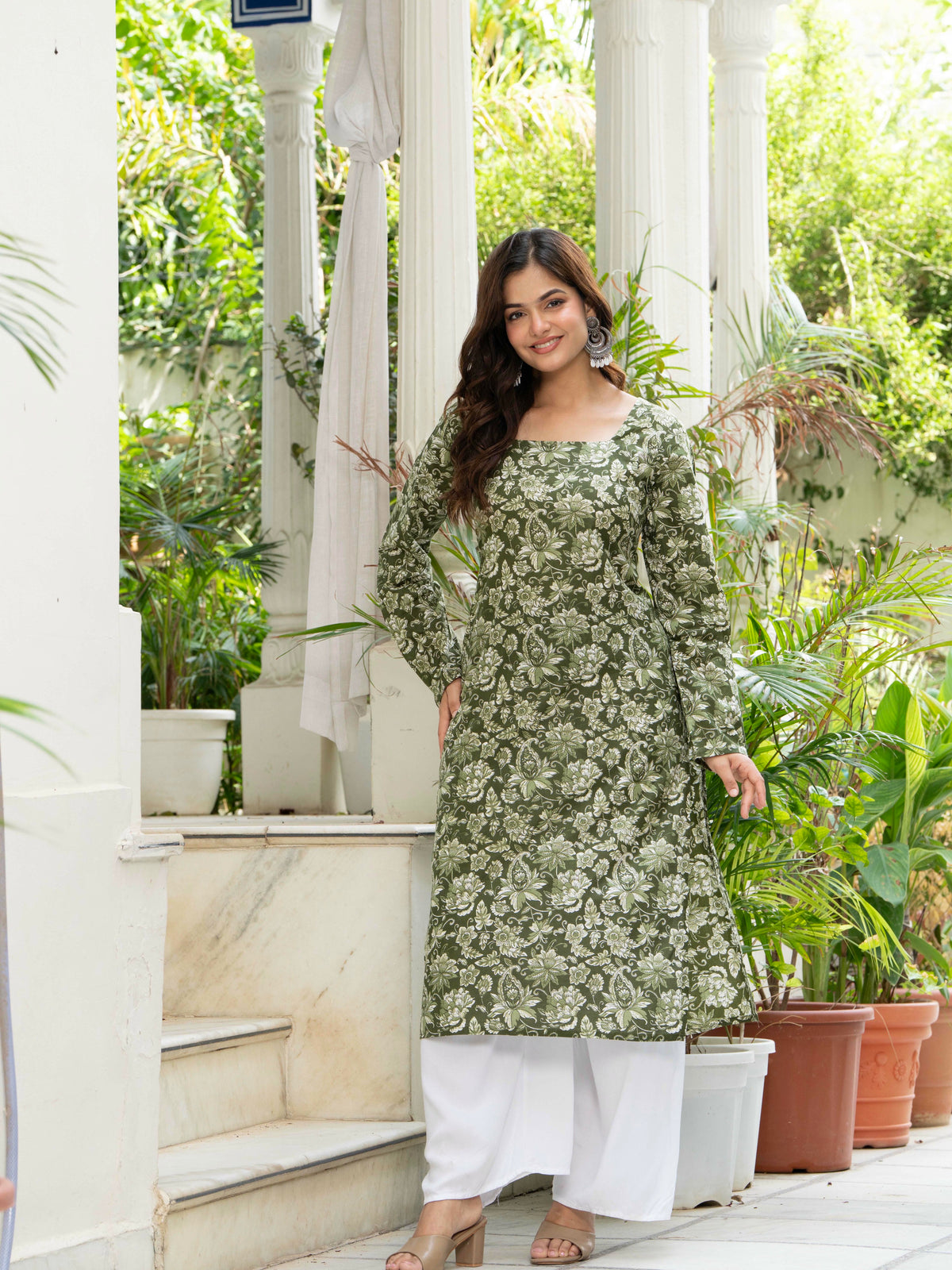 Women Green Floral Printed Cotton Corset Long Kurti