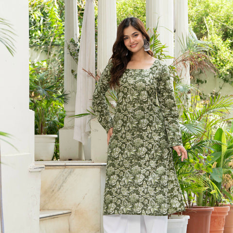 Women Green Floral Printed Cotton Corset Long Kurti