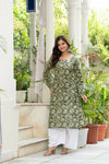 Women Green Floral Printed Cotton Corset Long Kurti