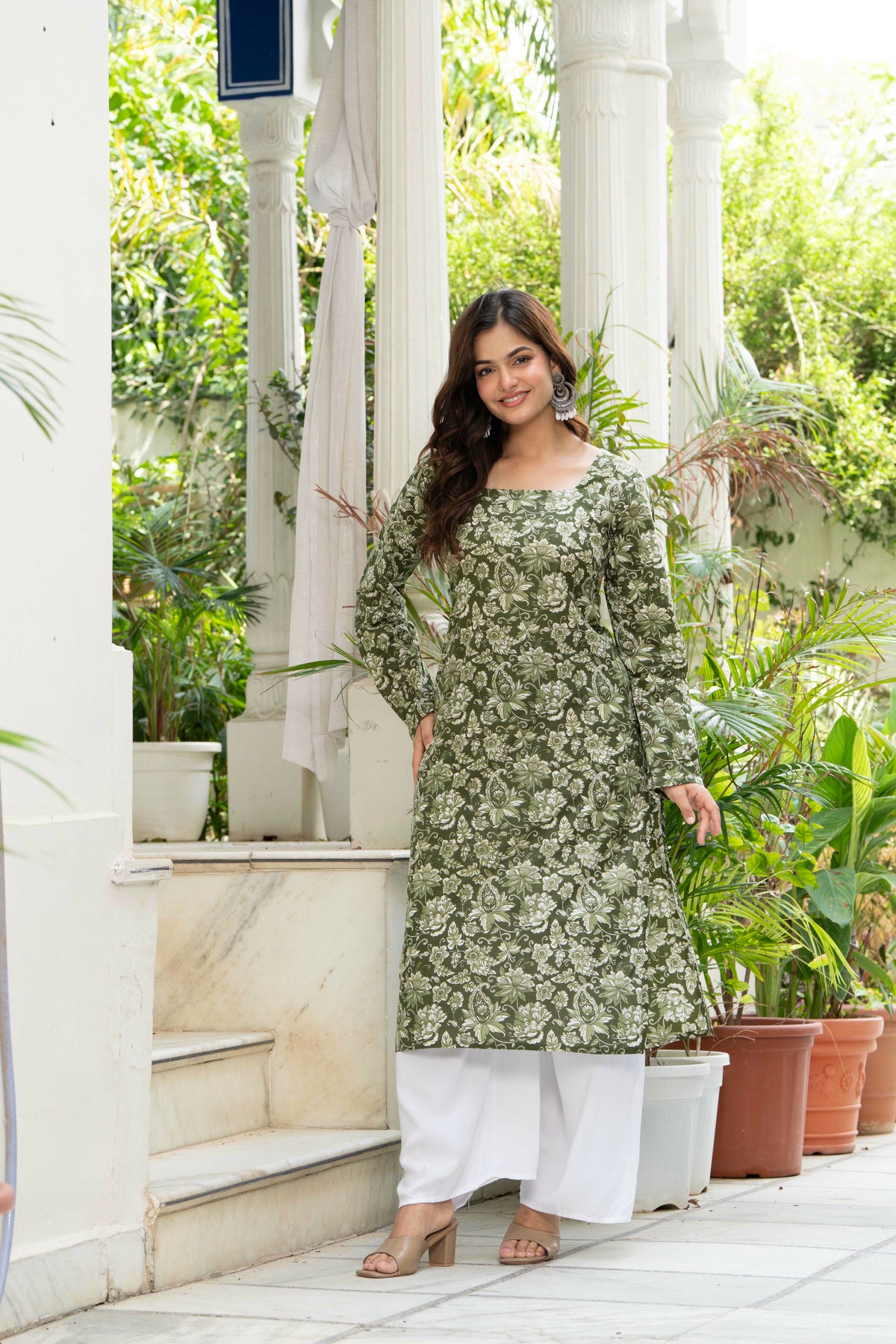 Women Green Floral Printed Cotton Corset Long Kurti