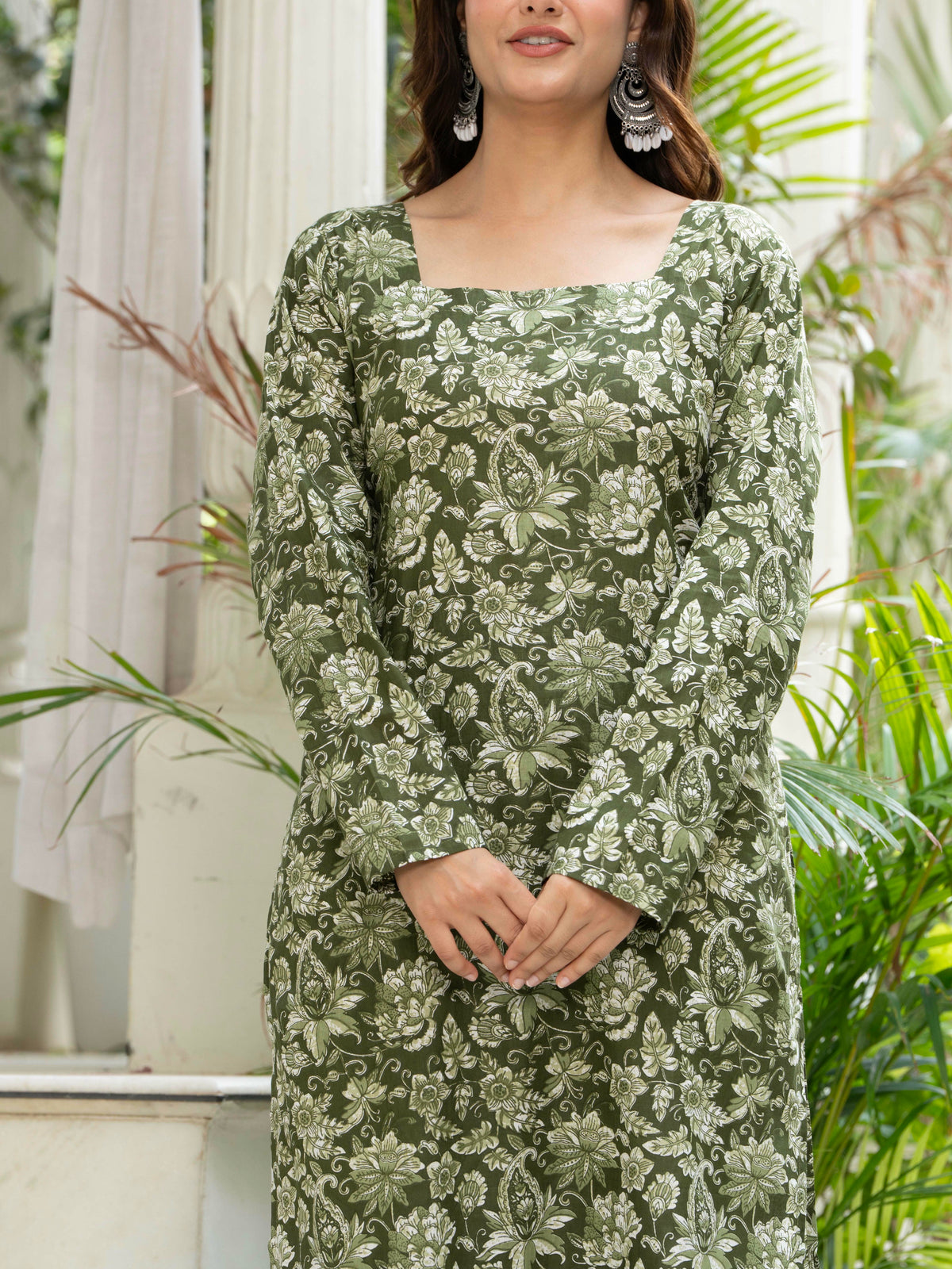 Women Green Floral Printed Cotton Corset Long Kurti
