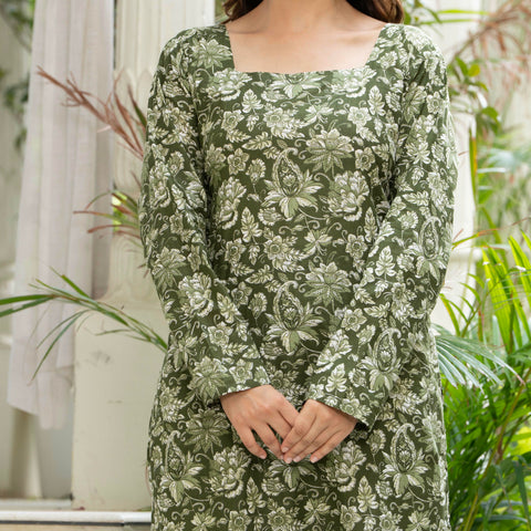 Women Green Floral Printed Cotton Corset Long Kurti