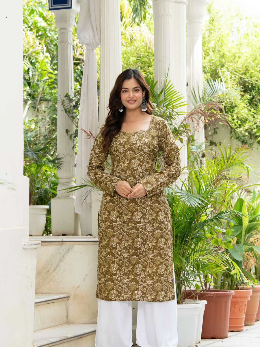 Women Mehandi Green Printed Cotton Corset Long Kurti
