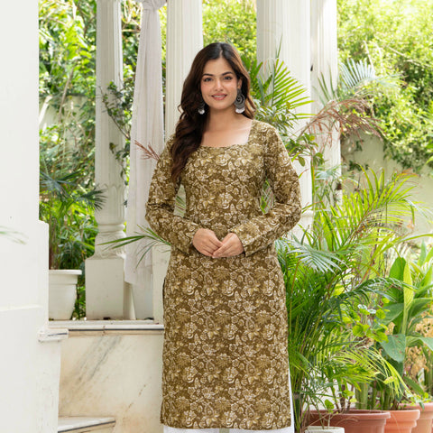 Women Mehandi Green Printed Cotton Corset Long Kurti