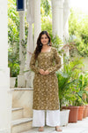 Women Mehandi Green Printed Cotton Corset Long Kurti