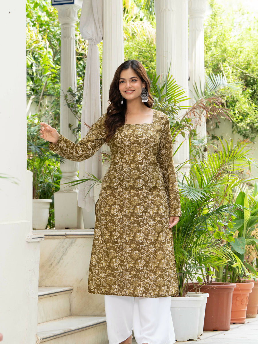 Women Mehandi Green Printed Cotton Corset Long Kurti