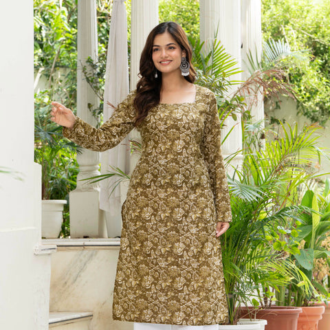 Women Mehandi Green Printed Cotton Corset Long Kurti