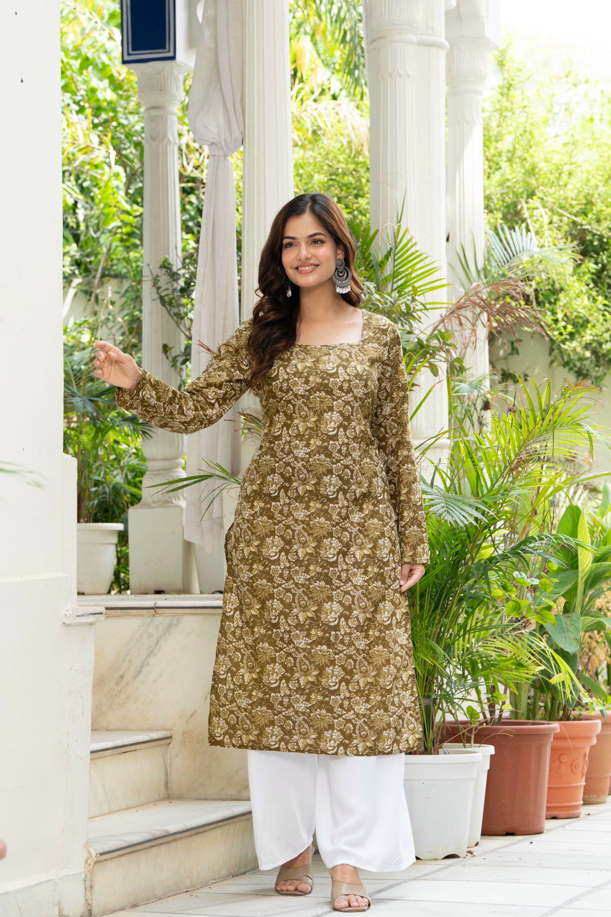 Women Mehandi Green Printed Cotton Corset Long Kurti