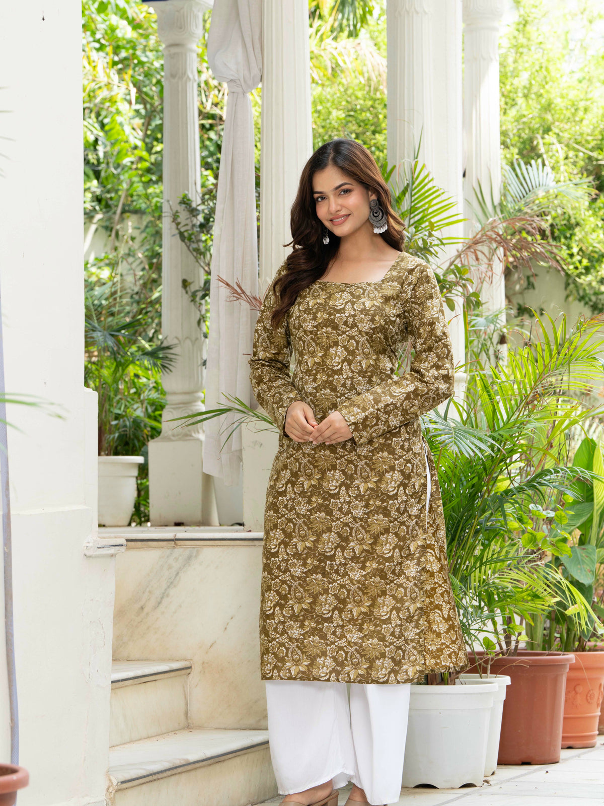 Women Mehandi Green Printed Cotton Corset Long Kurti