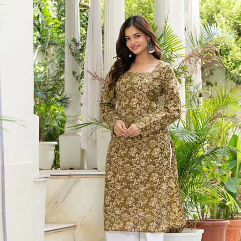 Women Mehandi Green Printed Cotton Corset Long Kurti