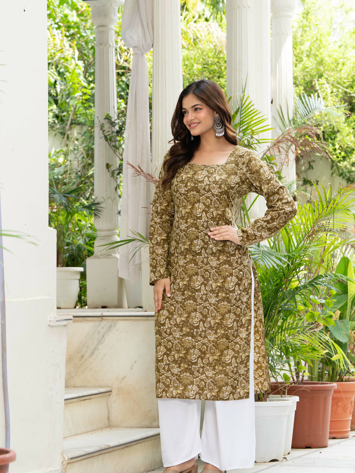 Women Mehandi Green Printed Cotton Corset Long Kurti