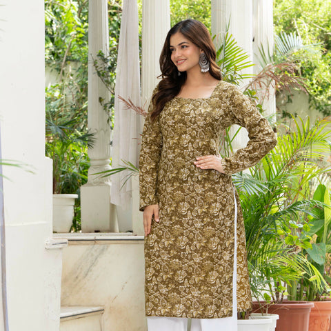 Women Mehandi Green Printed Cotton Corset Long Kurti