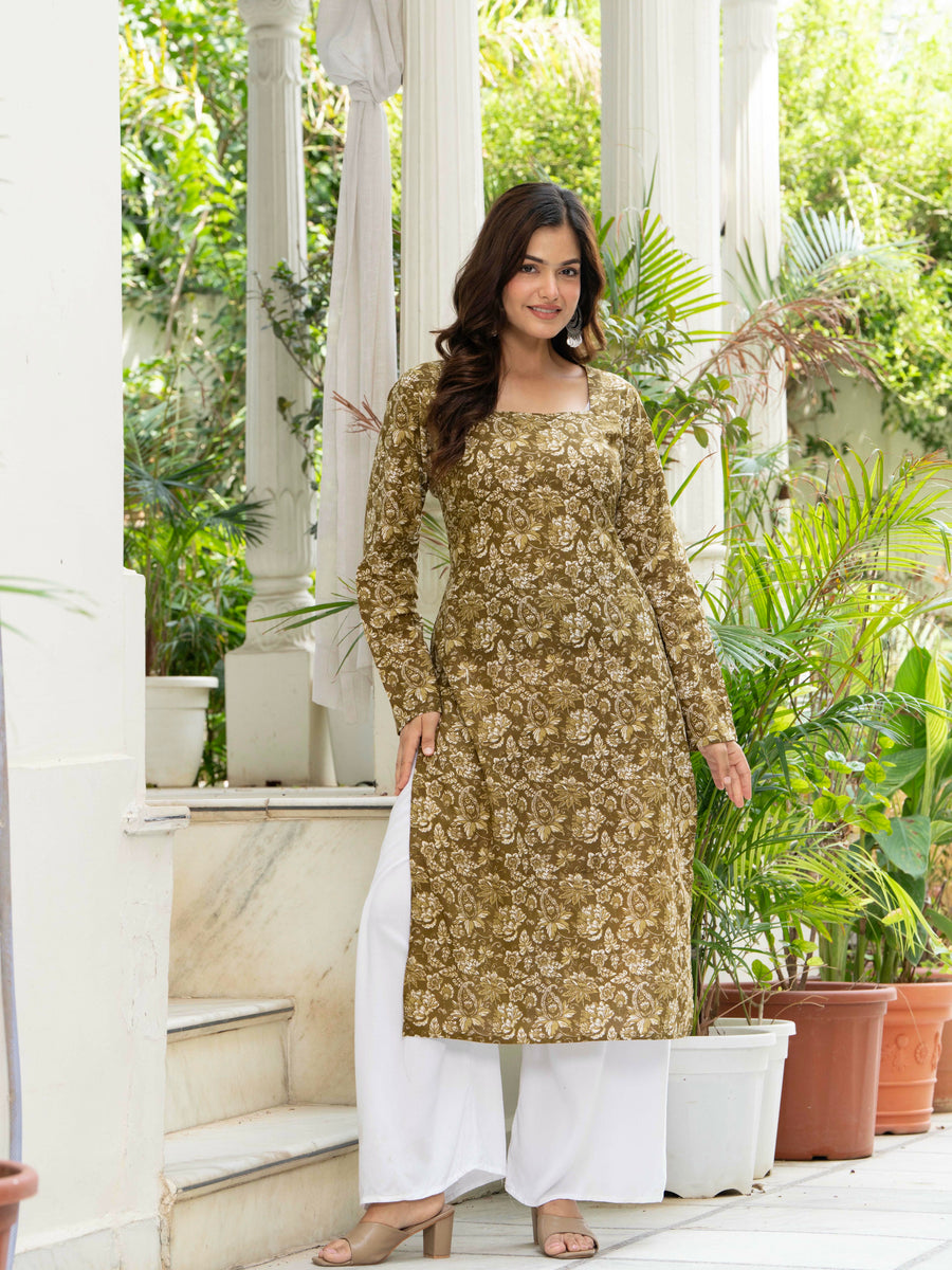 Women Mehandi Green Printed Cotton Corset Long Kurti