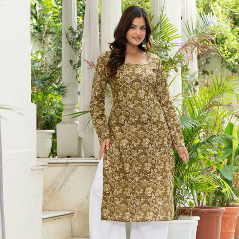 Women Mehandi Green Printed Cotton Corset Long Kurti