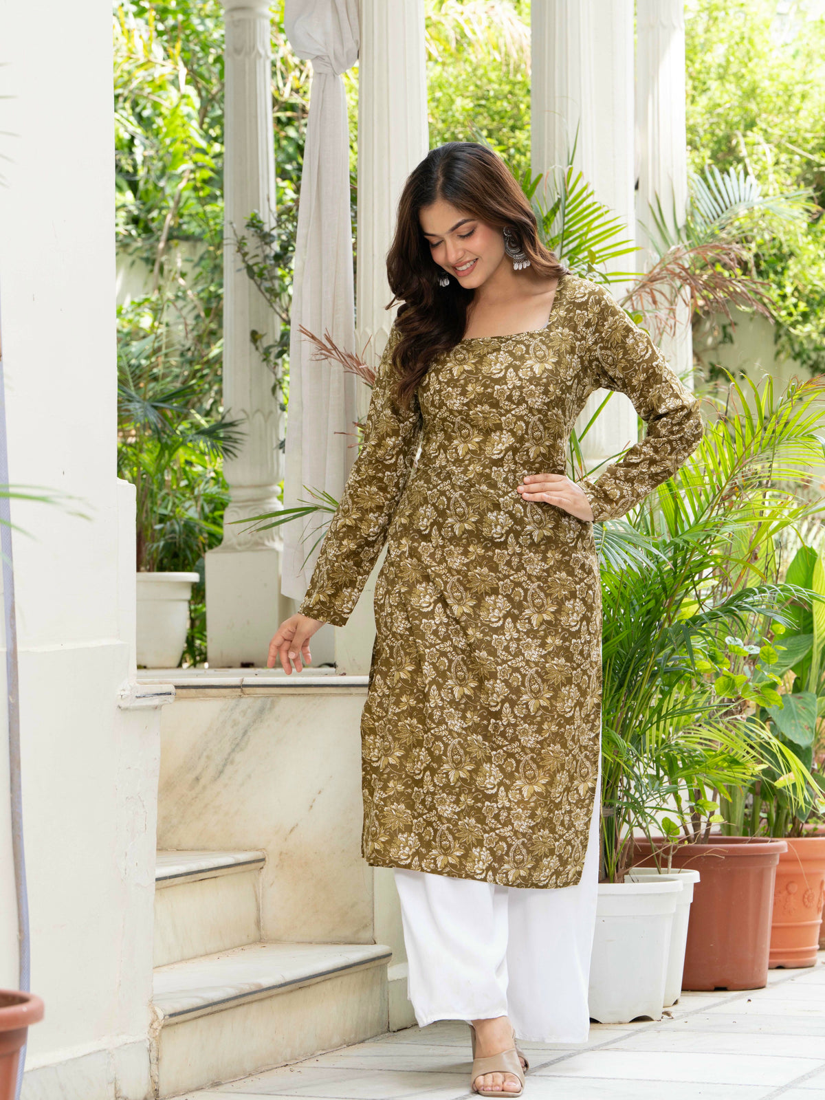Women Mehandi Green Printed Cotton Corset Long Kurti
