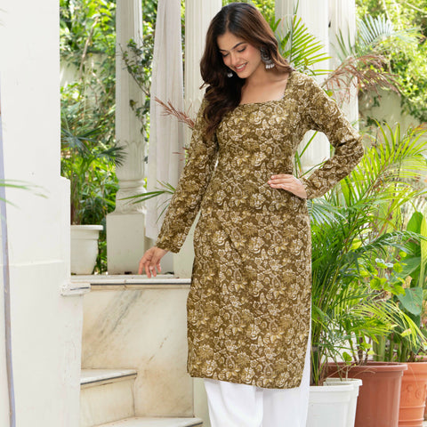 Women Mehandi Green Printed Cotton Corset Long Kurti