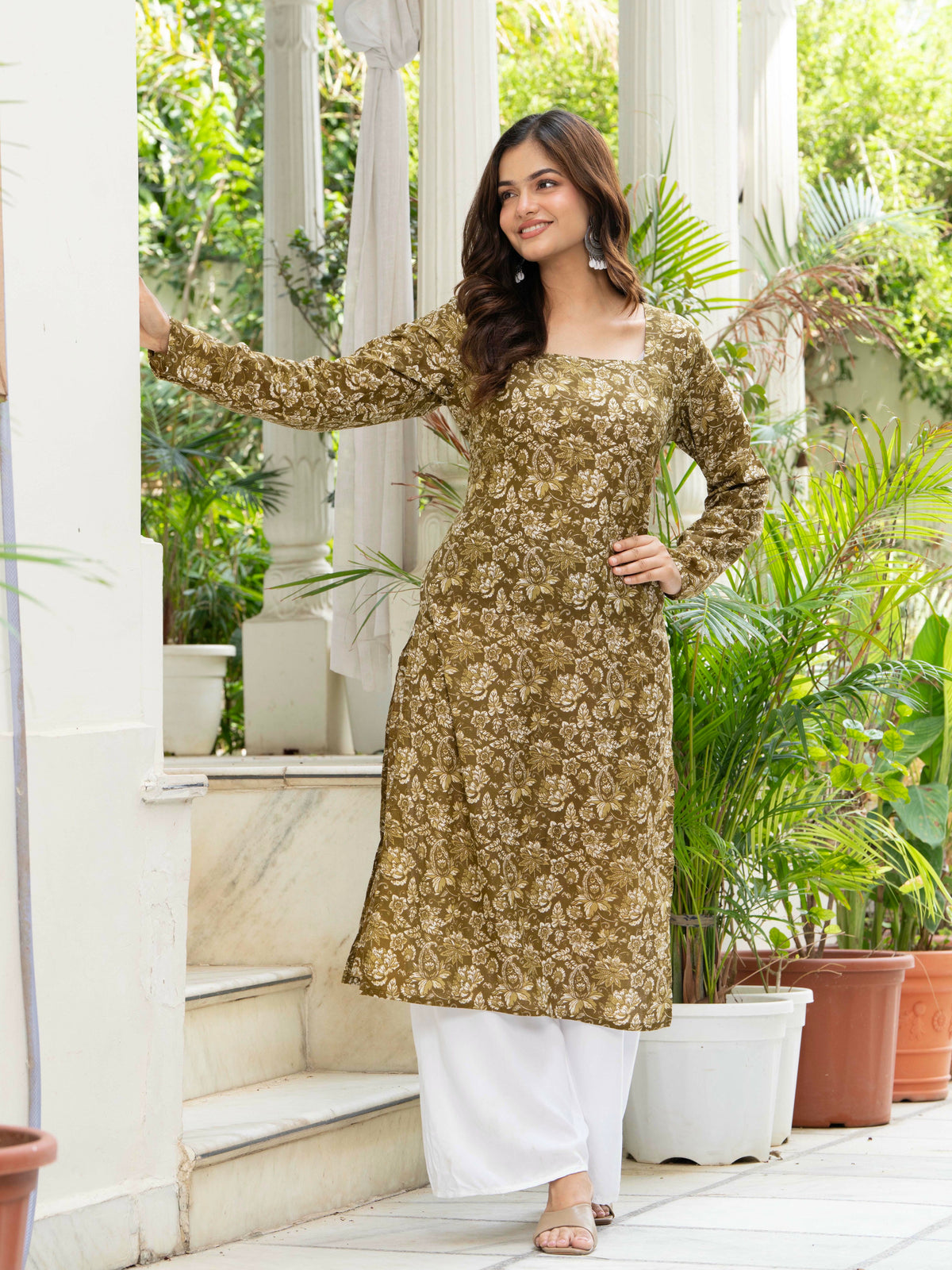 Women Mehandi Green Printed Cotton Corset Long Kurti