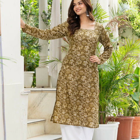 Women Mehandi Green Printed Cotton Corset Long Kurti