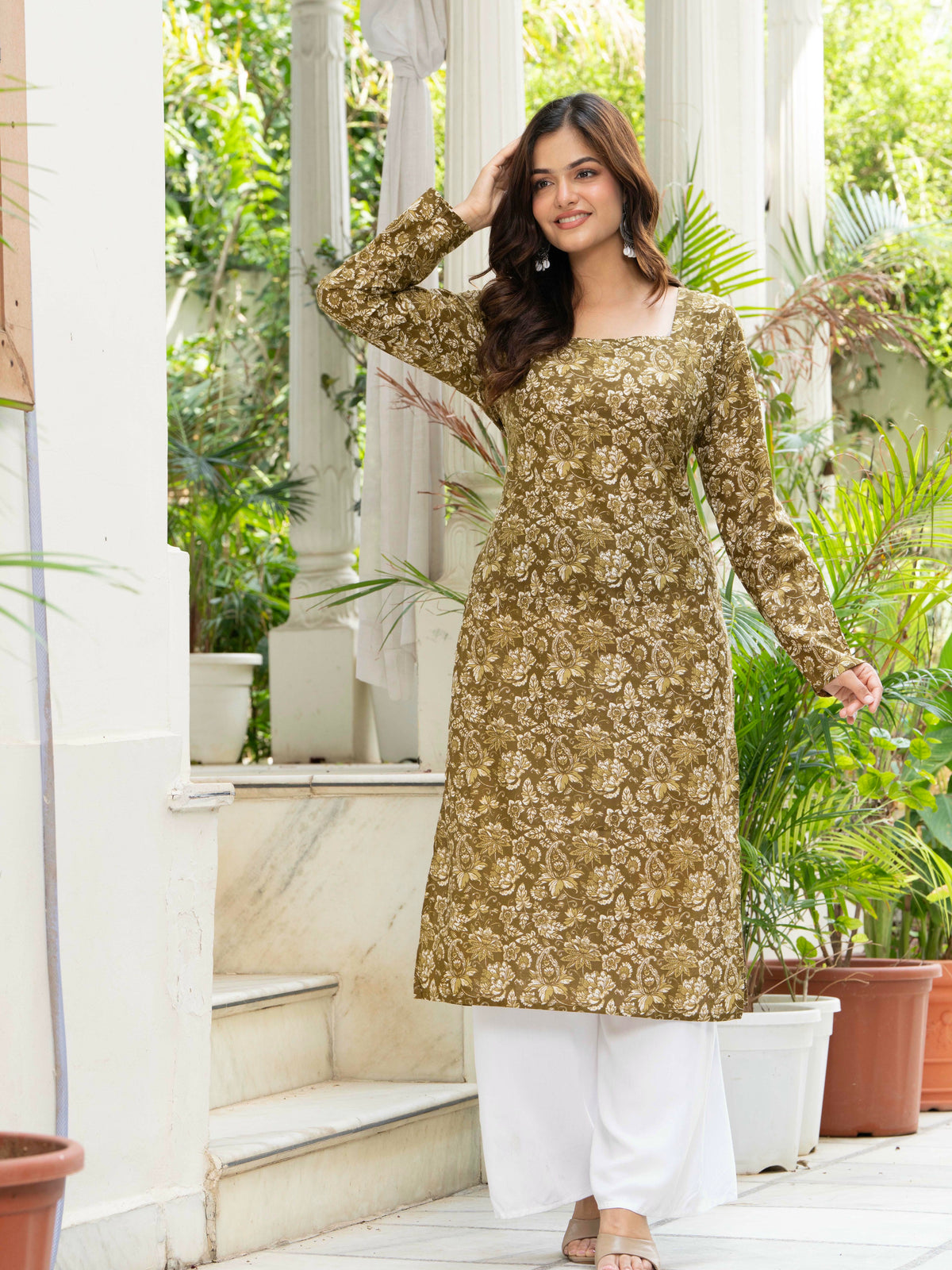 Women Mehandi Green Printed Cotton Corset Long Kurti