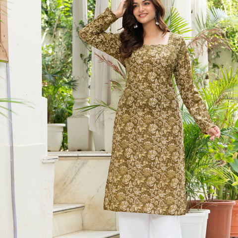 Women Mehandi Green Printed Cotton Corset Long Kurti
