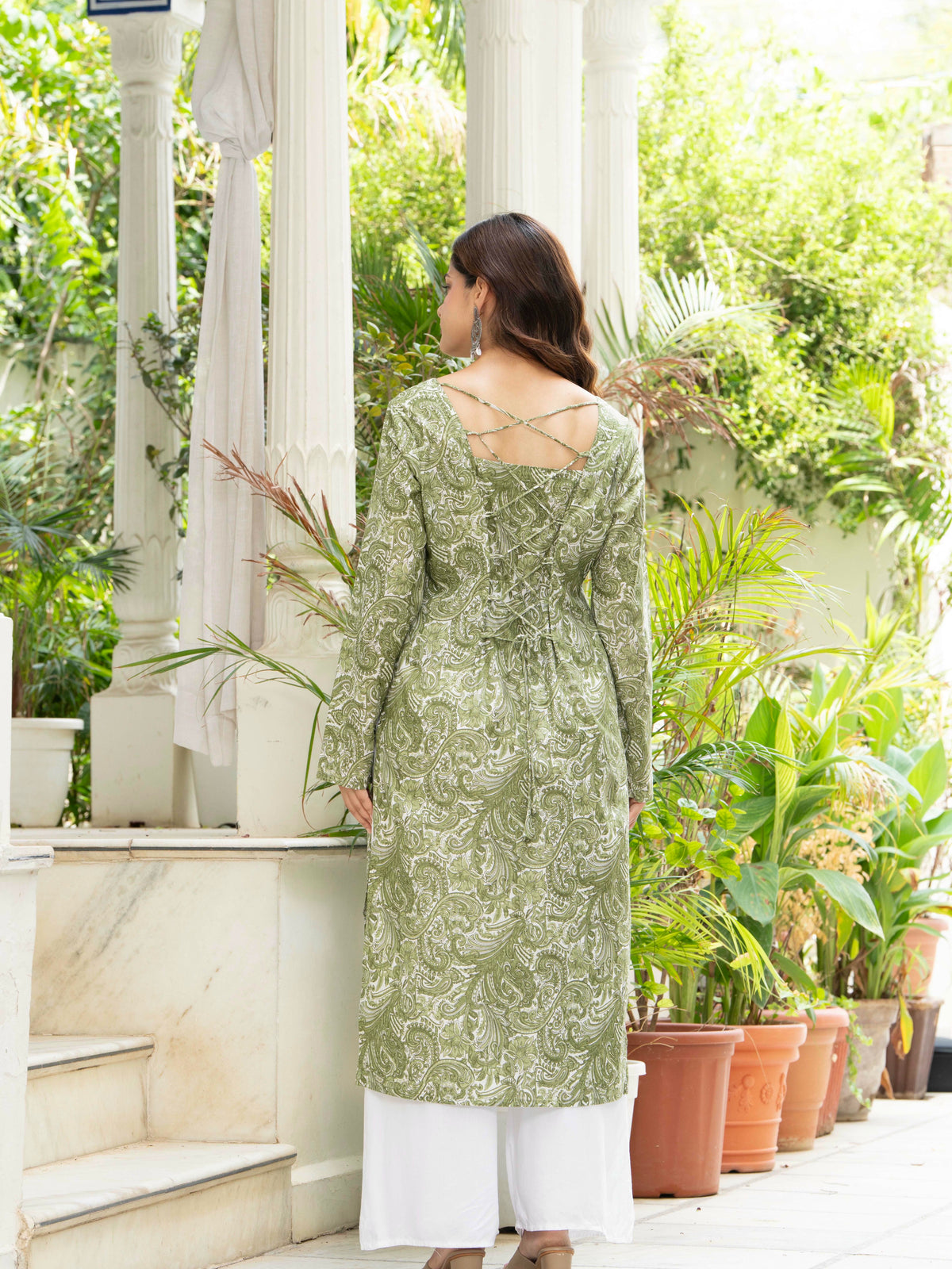 Women Green Artistic Printed Cotton Corset Long Kurti