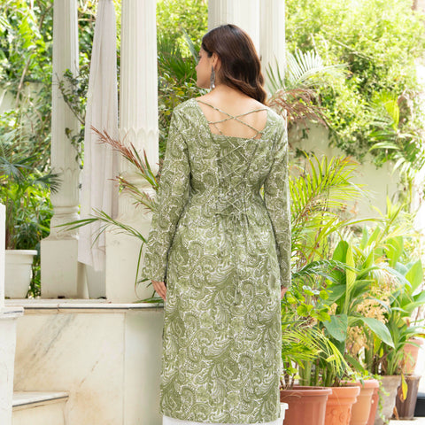Women Green Artistic Printed Cotton Corset Long Kurti