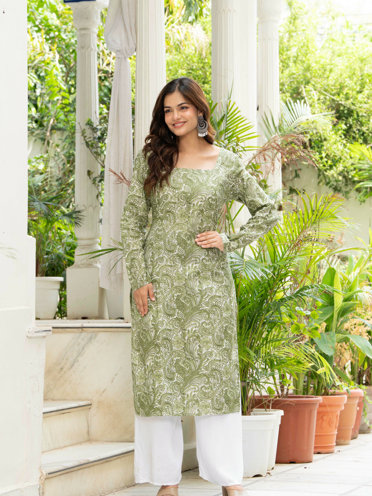 Women Green Artistic Printed Cotton Corset Long Kurti