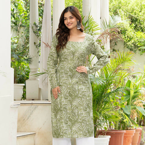 Women Green Artistic Printed Cotton Corset Long Kurti
