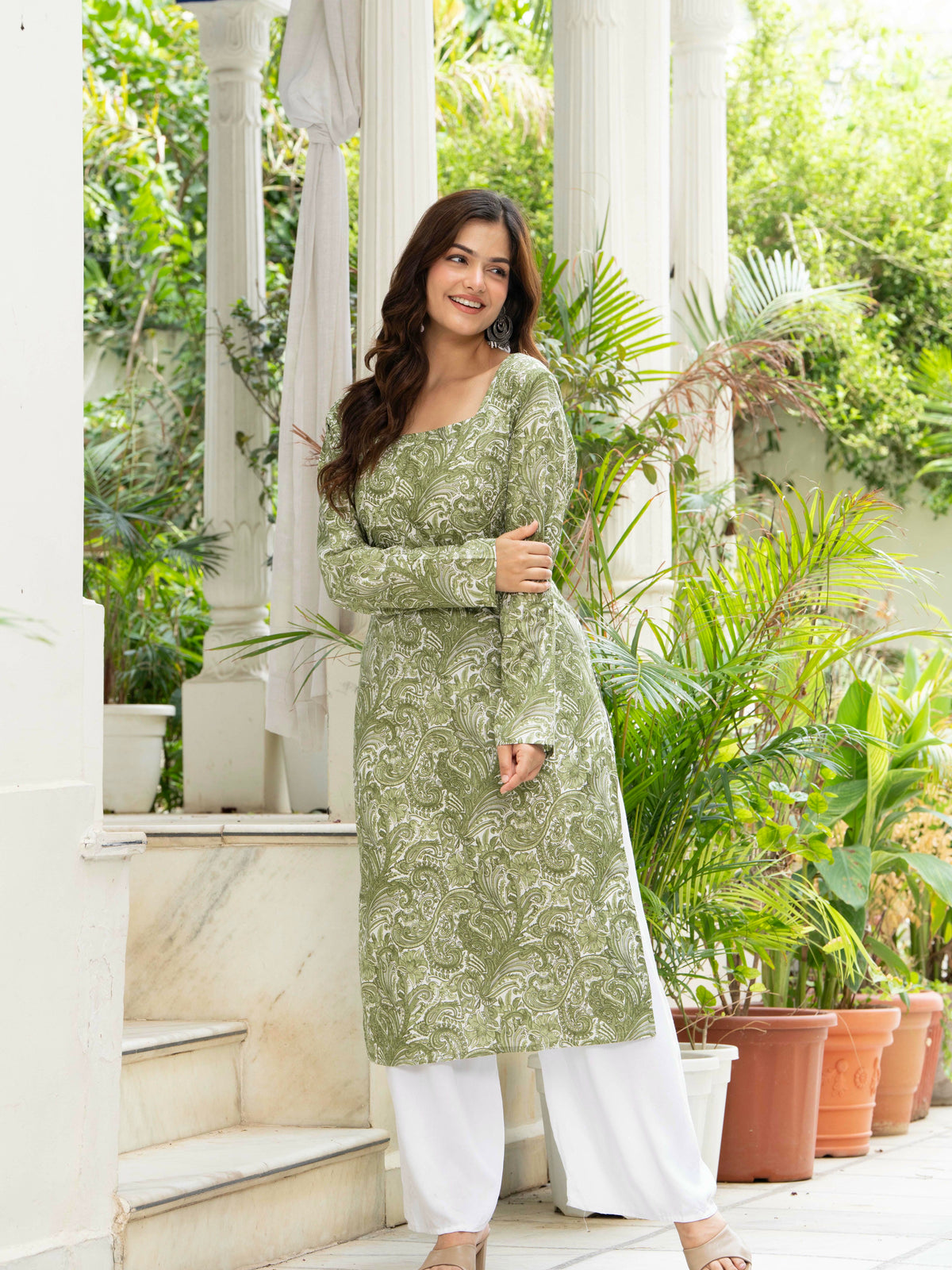 Women Green Artistic Printed Cotton Corset Long Kurti