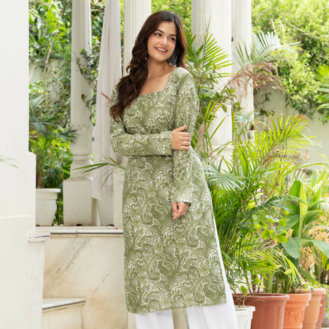 Women Green Artistic Printed Cotton Corset Long Kurti